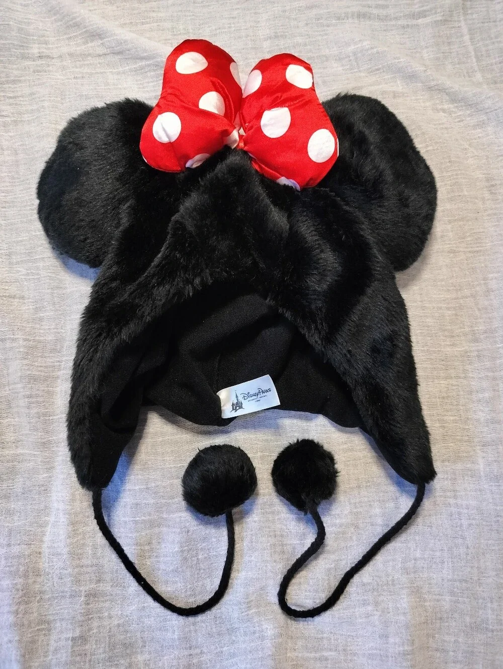 Official Disney Parks Black Faux Minnie Mouse Fur Ear Hat w Red Polka Dot Bow